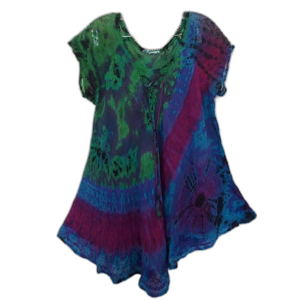 Lapogee Asymmetrical Tunic Top Medium Green Blue Tie Dye Hippie Boho Embroidered